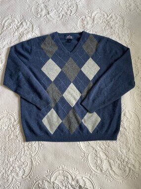 Allen Solly 2 Ply Cashmere Argyle Crewneck Sweater Blue Grey Men's Size XL